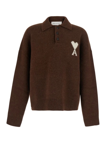 Tricou Polo Brown Sweater with polo collar and ADC embroidery on the front in wool for men