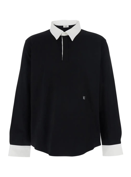 Tricou Polo Long Sleeve Polo with Triomphe Embroidery on the Front in Black Wool for Men