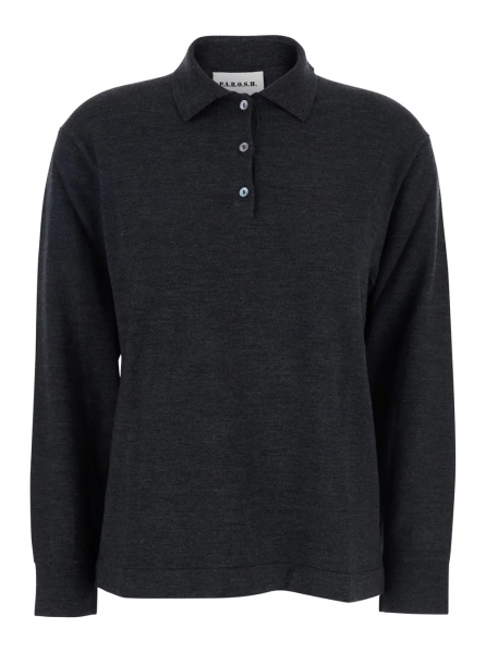 Tricou Polo P.A.R.O.S.H. Grey Polo Shirt with Classic Collar and Long Sleeves in Wool Woman
