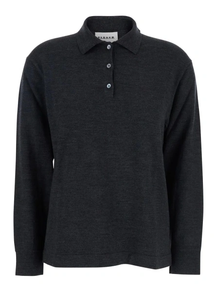 Tricou Polo P.A.R.O.S.H. Grey Polo Shirt with Classic Collar and Long Sleeves in Wool Woman