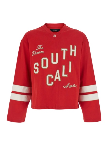 Tricou Red Long Sleeve T-Shirt with Maxi Print on the Front and Striped Details on the Sleeves in Cotton for Men