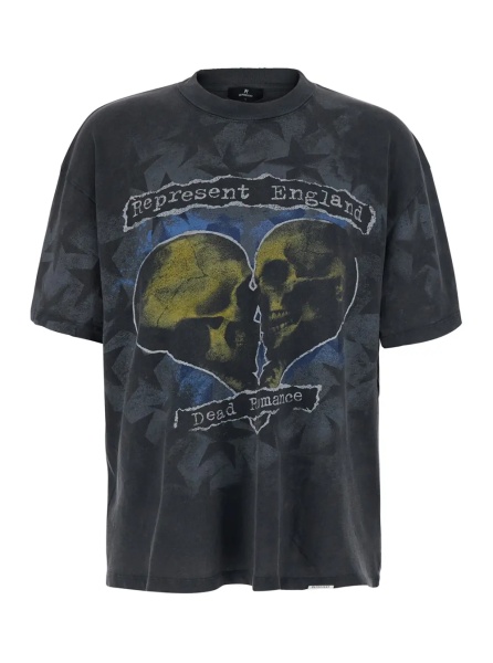 Tricou 'Romance' Black Crew Neck T-shirt with Maxi Print on Front and Back and Faded Design in Cotton for Men