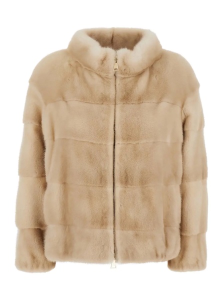 Blanuri Beige Fur Jacket with High Collar and Zip Closure in fur for Women