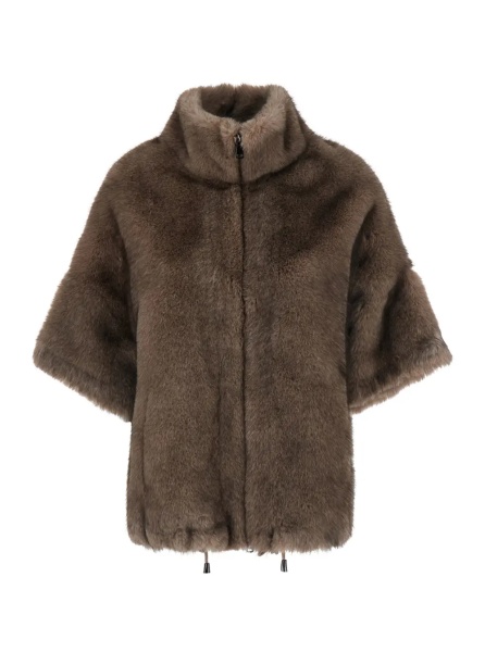 Blanuri Brown Short Shearling Jacket with high collar and wide short sleeves in ecofur for women