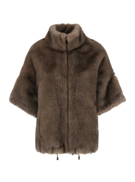 Blanuri Brown Short Shearling Jacket with high collar and wide short sleeves in ecofur for women