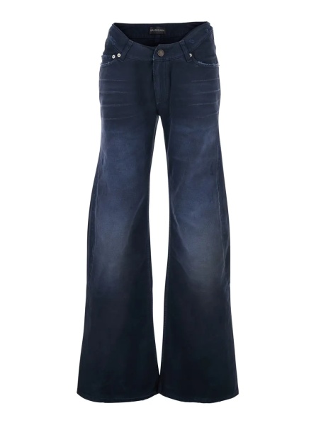 Blugi Blue Five-pocket Jeans with Curved Waist and Faded Effect in Denim for Women
