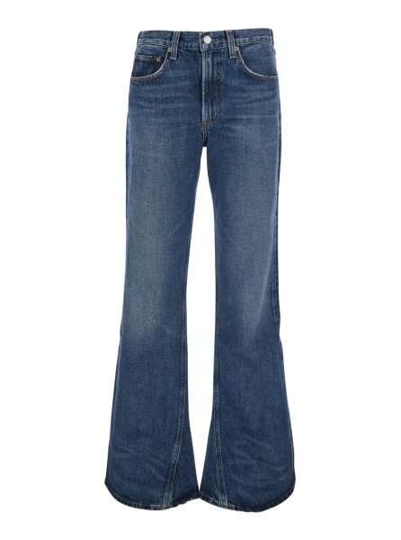 Blugi Blue Jeans with Wide Leg and Logo Patch on the Back in Denim for Women