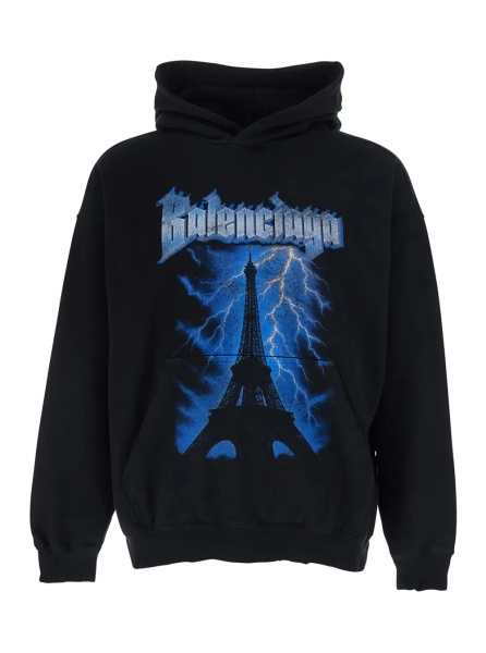 Bluza trening Black Hoodie with Fixed Hood and Maxi Logo Print on the Front in Cotton for Men