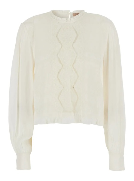 Bluza White Crew neck blouse with embroidery on the front in viscose for women