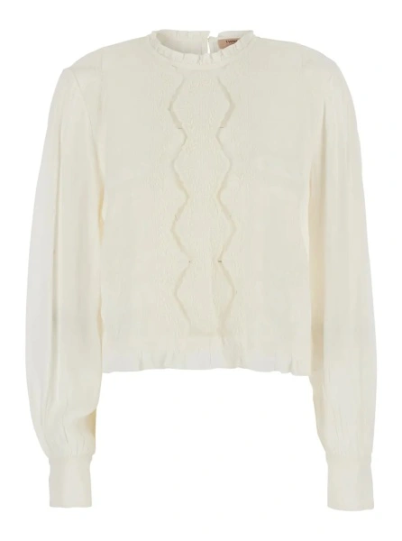 Bluza White Crew neck blouse with embroidery on the front in viscose for women