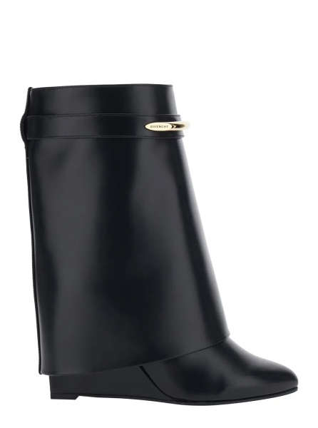 Botine Black Wedge Heel Ankle Boots with Logo Plate on the Side in Leather for Women