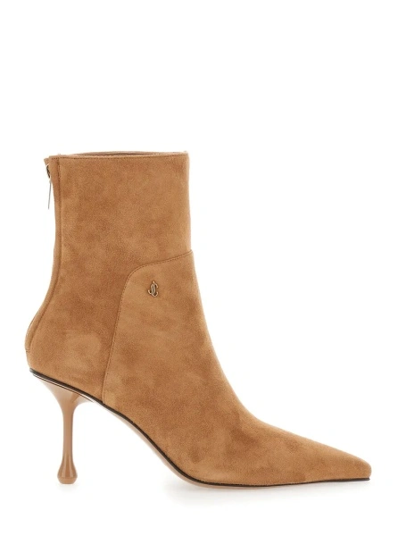 Botine 'Cycas' beige High-heeled ankle boots with metallic logo on the front in suede for women