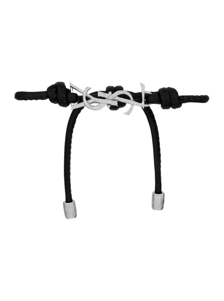 Bratari Black Bracelet with Cassandre logo plate in silver metal and adjustable closure In leather for men