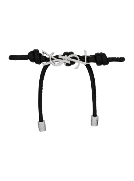 Bratari Black Bracelet with Cassandre logo plate in silver metal and adjustable closure In leather for men