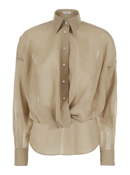 Camasa Beige Shirt with Classic Collar and Monil Detail on the Collar in Cotton Woman