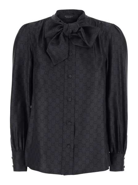 Camasa Black Shirt with Knot Bow Collar and All-Over GG Print in Silk for Women
