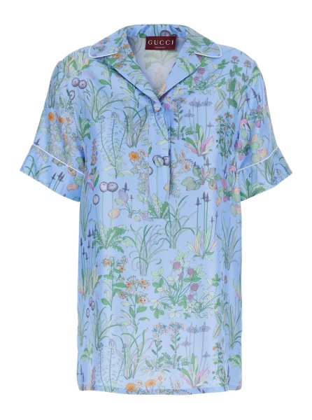 Camasa blue Shirt with Cuban collar and all-over floral print in silk woman