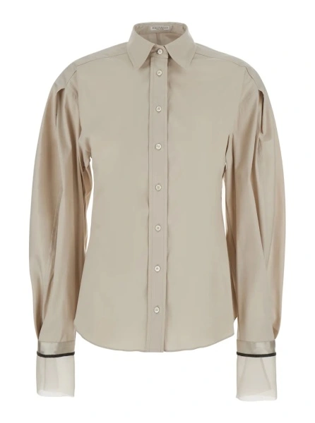 Camasa Brunello Cucinelli bej din poplin de bumbac