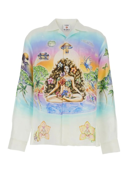 Camasa 'Innocence' Multicolor Shirt with Cuban Collar and All-Over Print in Linen Man