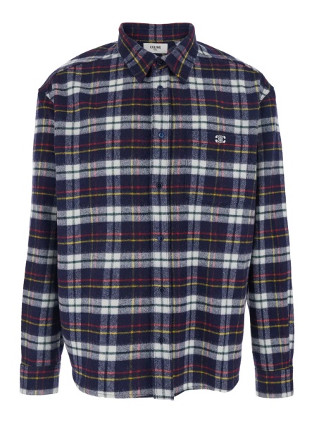Camasa Men's blue wool shirt with check motif and embroidered logo on the front