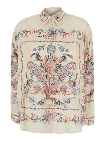 Camasa MOMONÌ White Shirt with classic collar and all-over embroidery in viscose for women