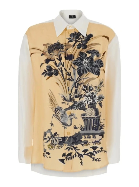 Camasa Multicolor Shirt with classic collar and floral print on the front in Blend cotton and silk women