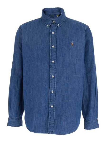 Camasa Shirt with Classic Collar and Embroidered Pony Logo in Blue Denim for Men