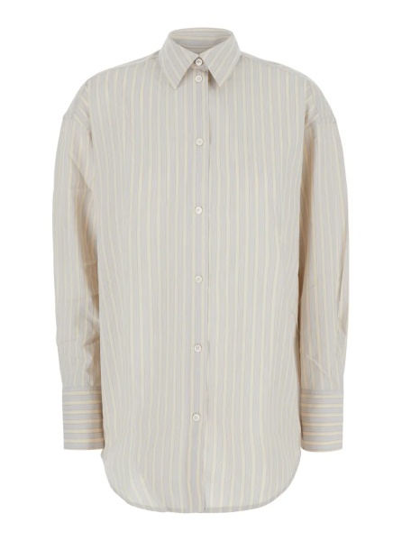 Camasa TOTÊME Beige Oversized Shirt with classic collar and all-over stripes in blend viscose women