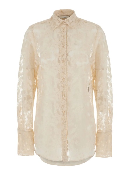 Camasa white shirt with classic collar and all-over floral embroidery in cotton blend for women