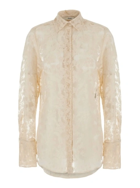 Camasa white shirt with classic collar and all-over floral embroidery in cotton blend for women