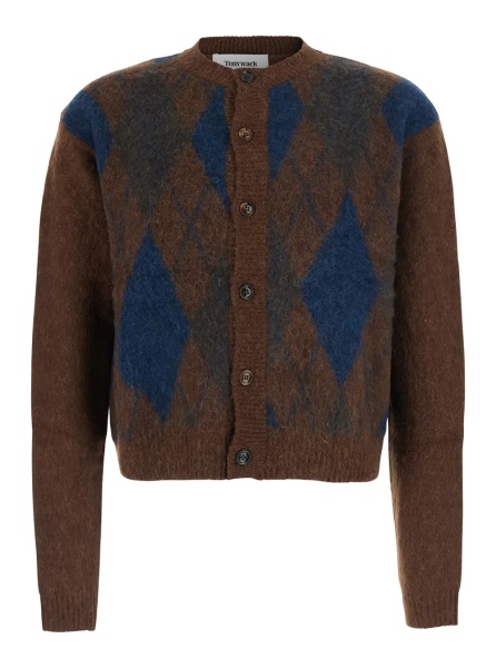 Cardigan BRUSHED ARGYLE CARDIGAN with V-neck and long sleeves in Acrylic Nylon Alpaca and Wool in Brown unisex