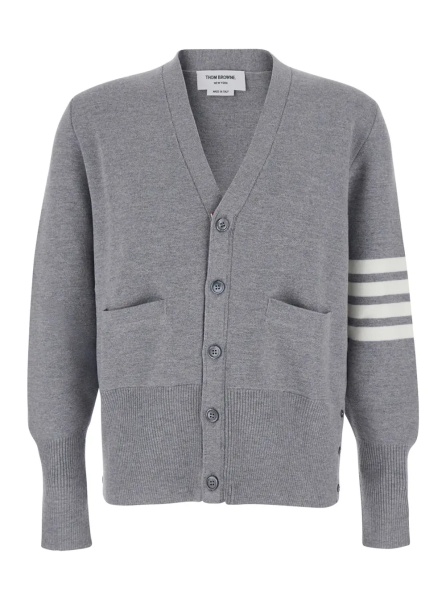 Cardigan Gray Cardigan with V-Neck and Striped Detail on Sleeve in Wool for Men