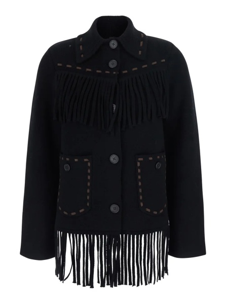 Cardigane Black Cardigan with Fringed Hem and Contrasting Stitching in Wool and Cashmere for Women