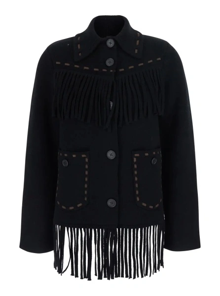 Cardigane Black Cardigan with Fringed Hem and Contrasting Stitching in Wool and Cashmere for Women