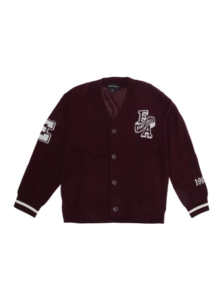 Cardigane Bordeaux Cardigan with V-neck and lettering on the front and sleeves in blend wool boy