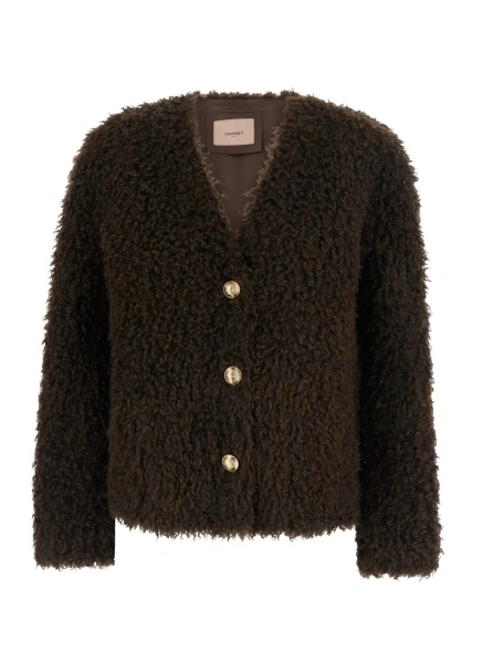 Cardigane Brown V-neck cardigan with long-sleeve in faux fur for women