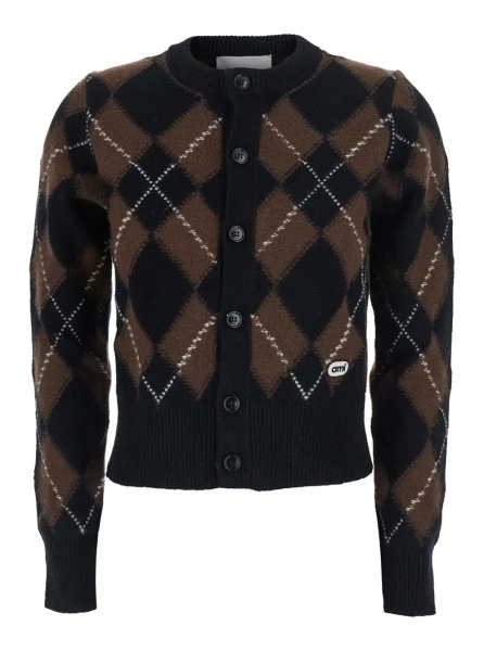 Cardigane Cardigan with round neck and oval patches AMI in brown for men