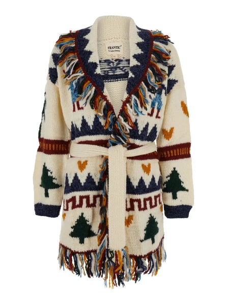 Cardigane 'December' Multicolor Cardigan with Front Belt and All-Over Embroidery in Wool for Women