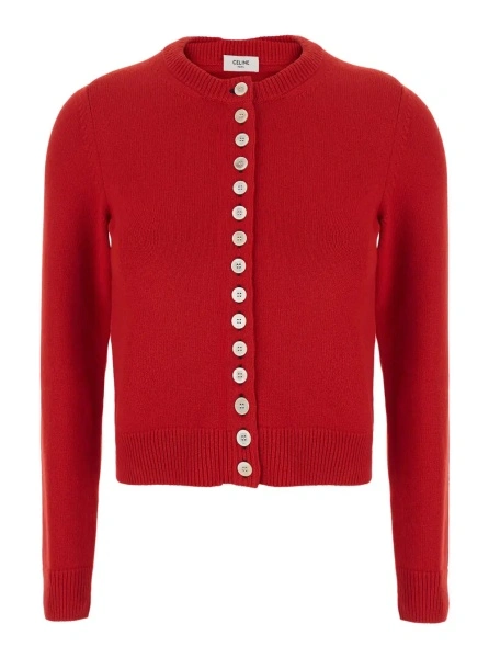Cardigane Red Cashmere V-Neck Long Sleeve Cardigan for Women