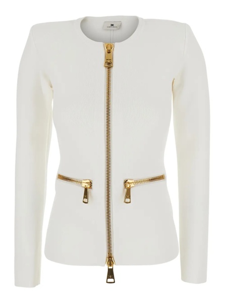 Cardigane White Crew Neck Cardigan with Two Zip Pockets on the Front in Wool for Women