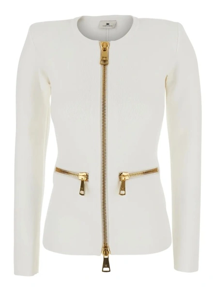 Cardigane White Crew Neck Cardigan with Two Zip Pockets on the Front in Wool for Women