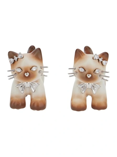 Cercei SPLIT KITTEN Earrings with metal details and glossy finish, brown, unisex