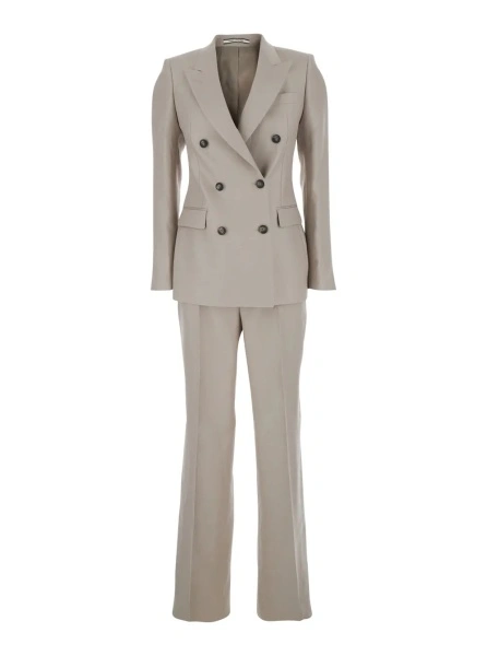 Costum beige Double-breasted suit in linen blend for women