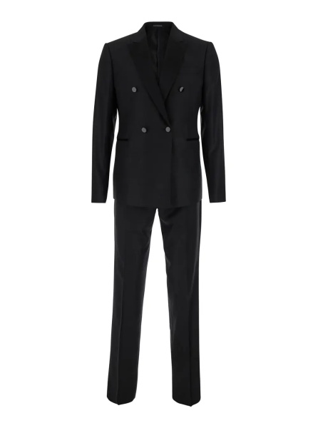 Costum Black Double-Breasted Suit with Peak Lapels in Wool and Silk for Men