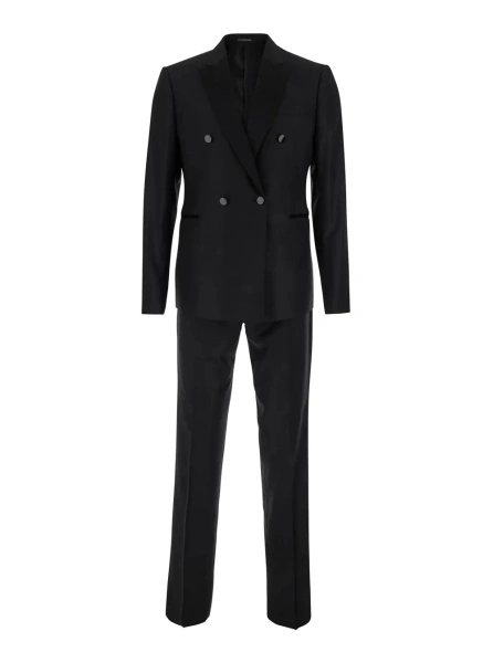Costum Black Double-Breasted Suit with Peak Lapels in Wool and Silk for Men