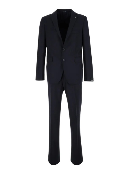Costum Black Single-Breasted Suit with Logo Pin Man