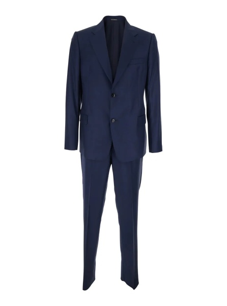Costum Blue Single-breasted Suit with Notched Revers in Wool for Men