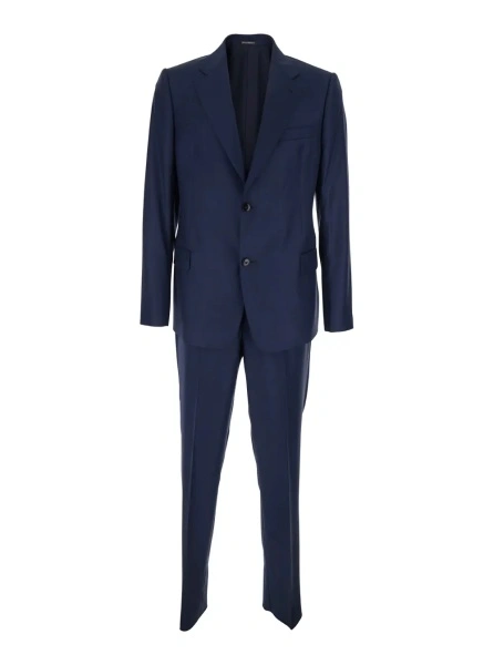 Costum Blue Single-breasted Suit with Notched Revers in Wool for Men