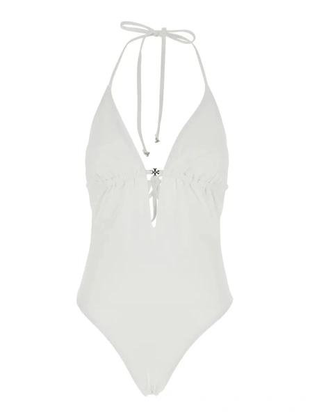 Costum de baie White One-Piece Swimsuit with Knot Closure and Logo Plate on the Front in Tech Fabric for Women