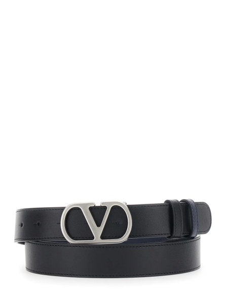 Curea Black Reversible Belt with VLogo Buckle on the Front in Leather Man